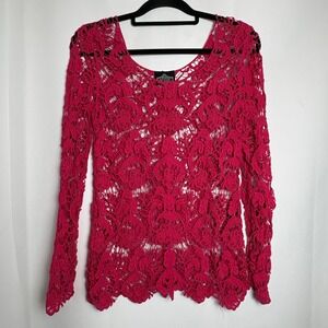 ANGIE Women's Crochet Lace Long Sleeve Scoop Neck Sweater‎ Top Pink Size S Fairy